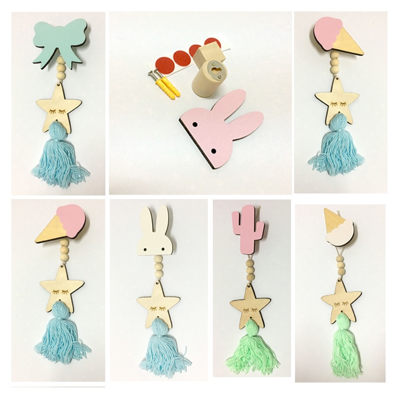Nordic Kids Room Decorative Wall Hanging Clothing Hooks Wood Rabbit Cactus Children Wall Sticker ice cream Hanger Clothes Hook — image 3