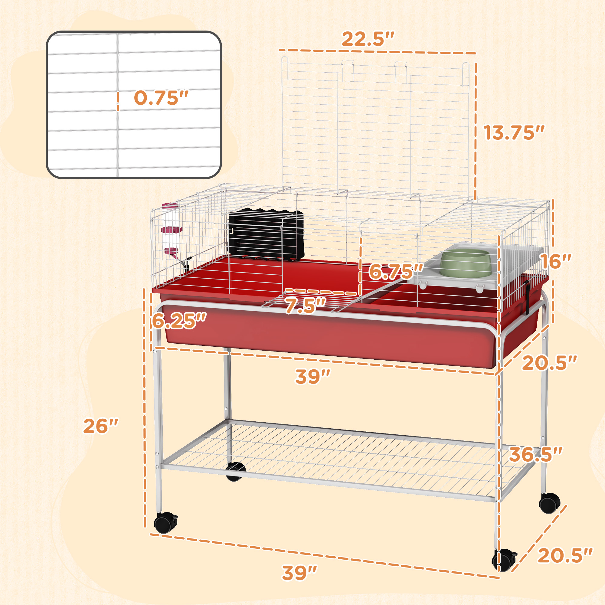 Two-Story Small Animal Cage Removable from Stand, Pet Habitat with Shelf & Wheels, 39" x 20.5" x 36.5", Red — imagen 8
