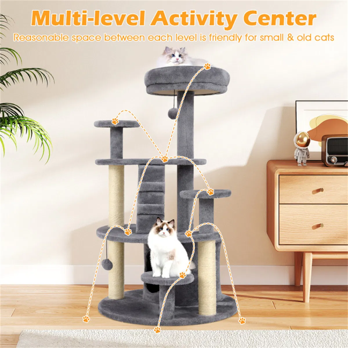40" Multi-Level Cat Tree for Munchkin & Old Cats - Stable Wide Base, Soft Padded Perch + Large Condo (Gray) — image 8