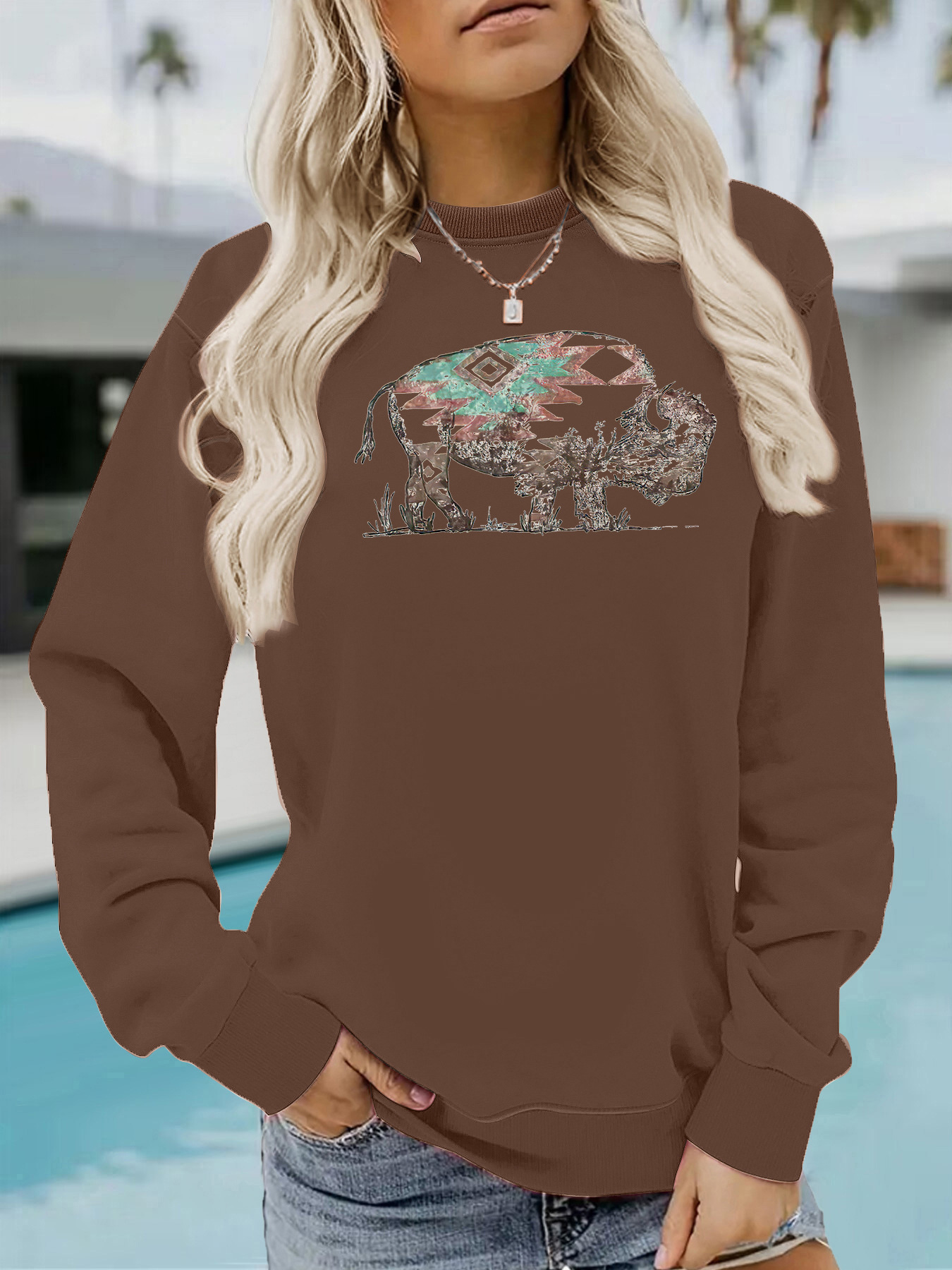 Buffalo print round neck fleece hoodie — image 13