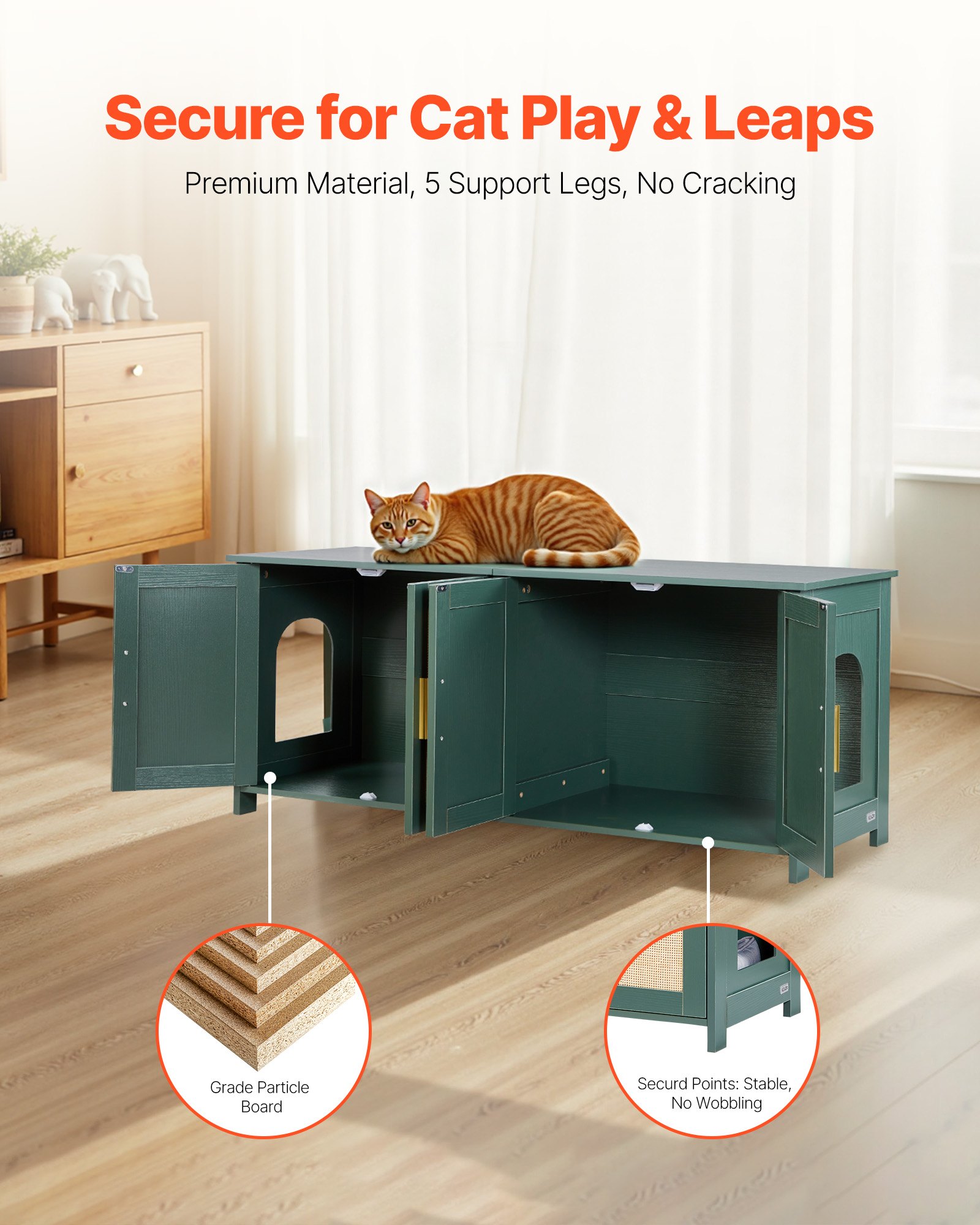 Cat Litter Box Enclosure For Multi Cats, 47.2 In Hidden Litter Box Cabinet With 4 Rattan Doors & 2 Entries, Indoor Cat Washroom, Wooden Kitty House Furniture, Fit Most Litterboxes, Green — image 3