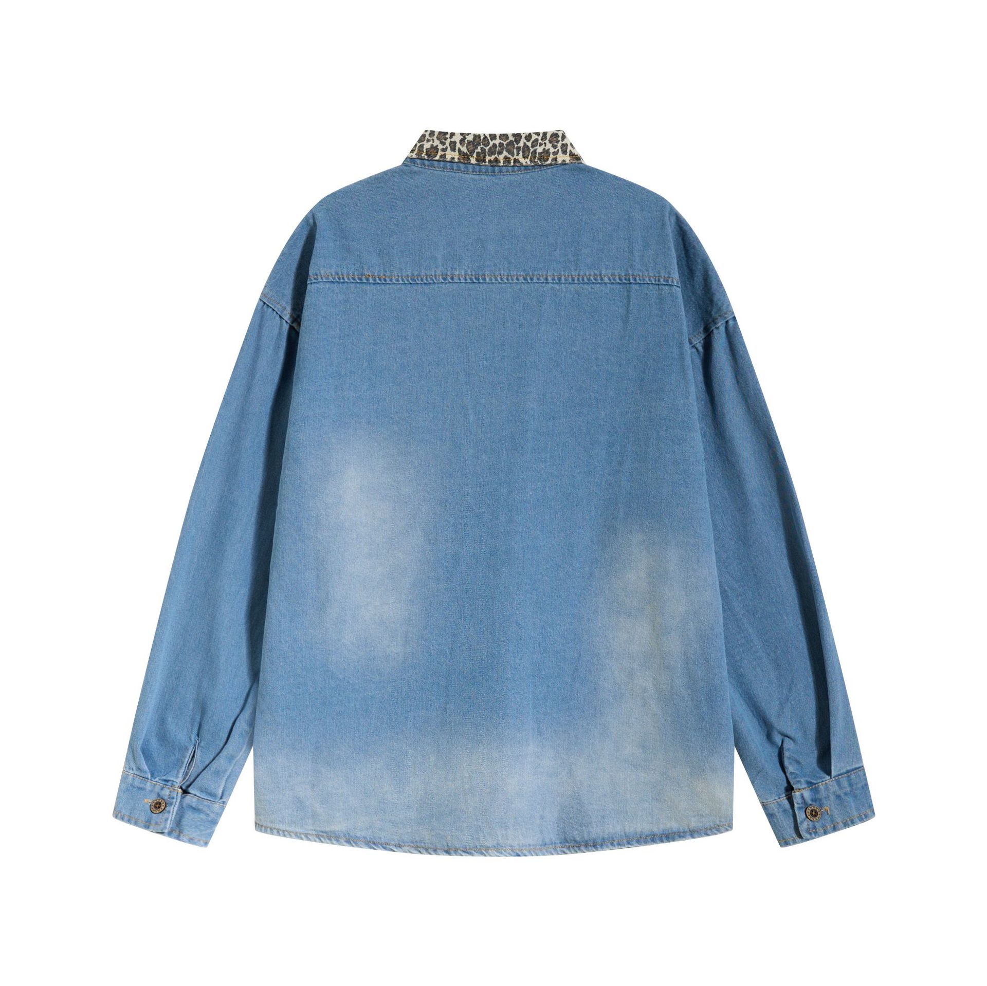 Long Sleeve Leopard Print Collar Star Patch Embroidery Distressed Denim Shirt — image 3
