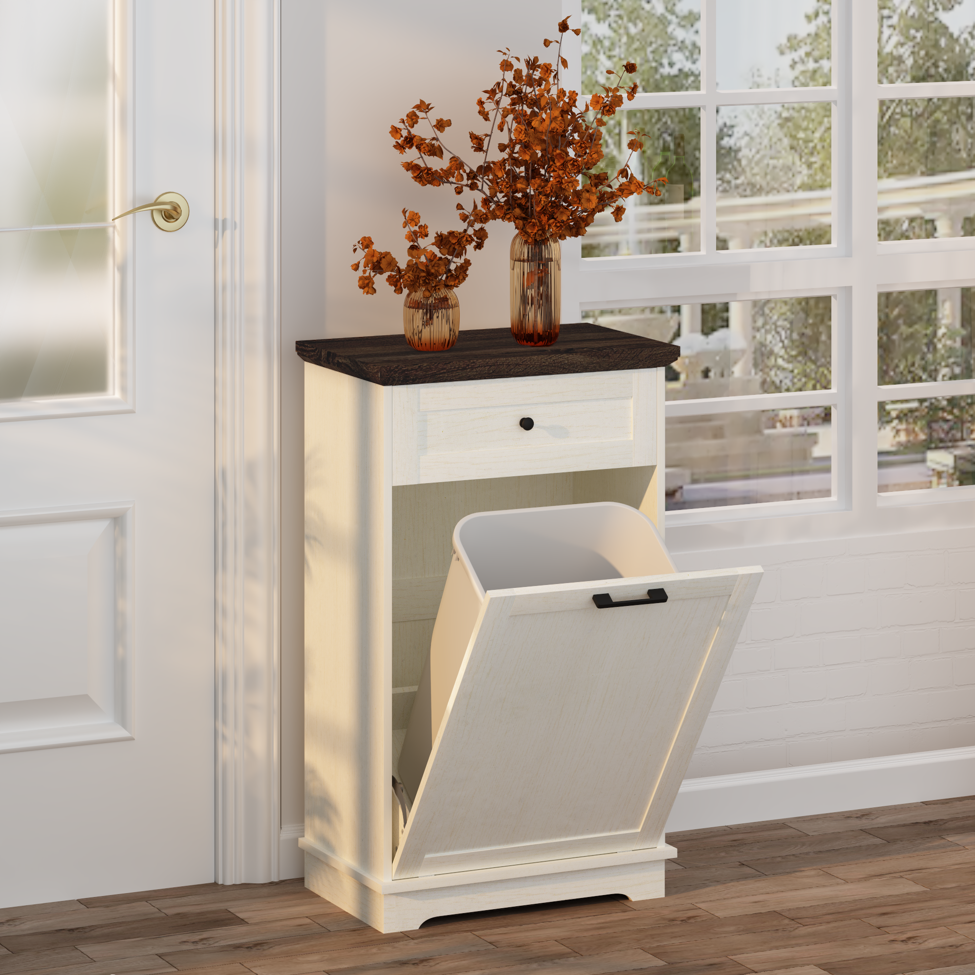 Mueble Basculante para Basurero de 10 Galones, Mueble Independiente para Bote de Basura, Mueble de Madera para Basura y Reciclaje con Cajón, a Prueba de Mascotas, para Cocina y Sala de Estar, Blanco Antiguo (No Incluye el Bote de Basura) — imagen 35