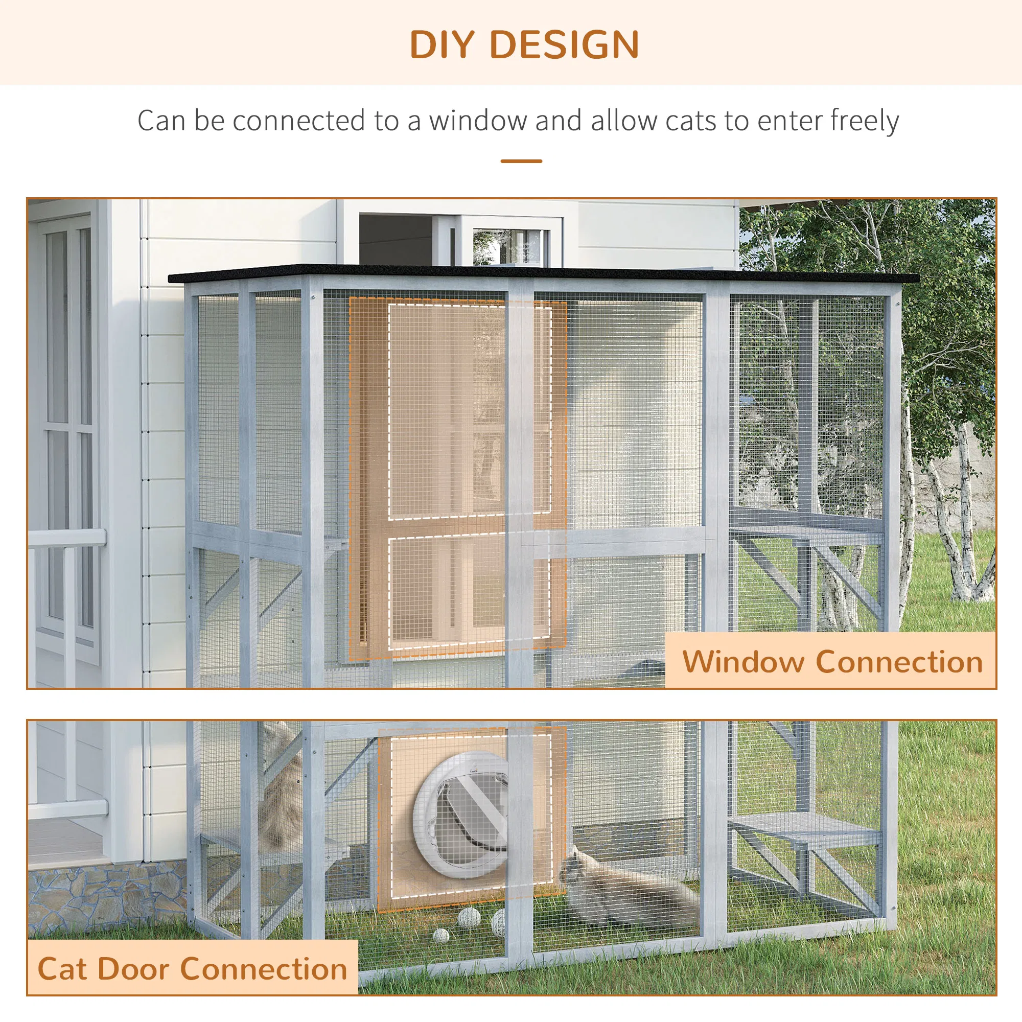 Large Outdoor Catio Enclosure, Weatherproof Cat House with Asphalt Roof, Wooden Cat Patio Cage with 6 Balanced Platforms, 71" x 39" x 71", Grey — image 6