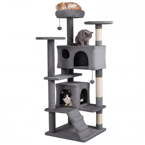 52" Tall Cat Tree Tower With Perches & Condos, Multi-Cat Playground With Scratching Posts (Light Gray) — imagen 5