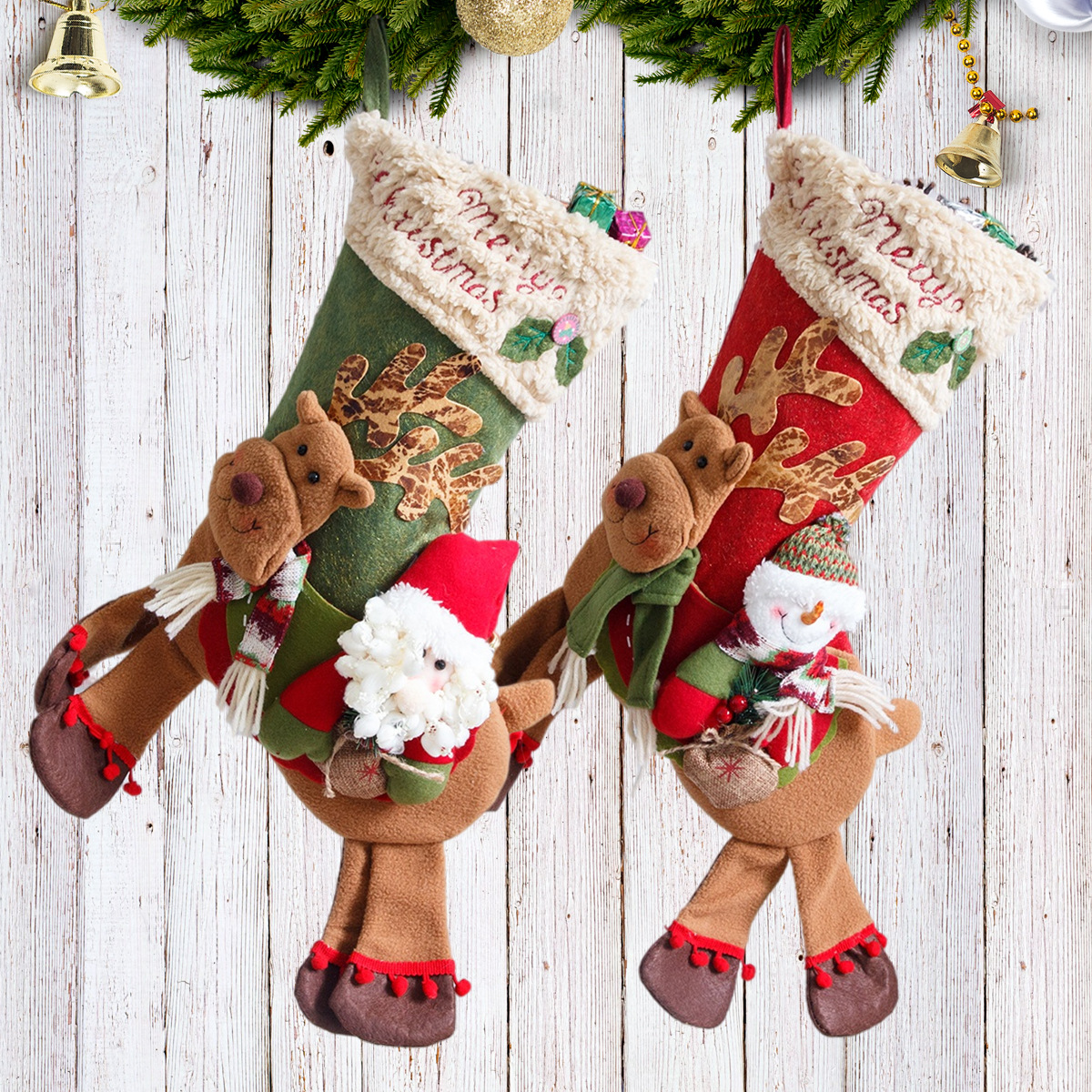 Calcetines de Papá Noel, muñeco de nieve, ciervo montado, regalos de Navidad para niños, bolsas de manzana, joyería, calcetines de Navidad — imagen 2