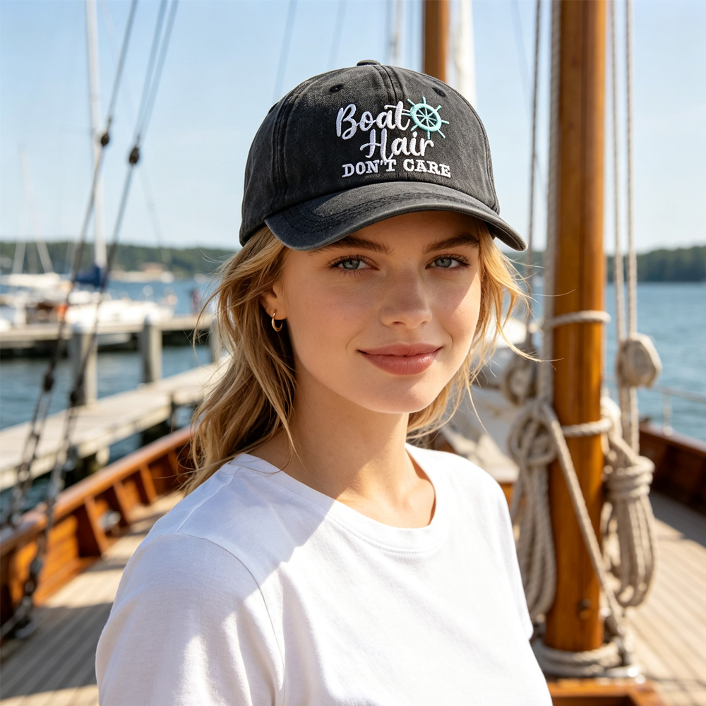 Boat Hair Don't Care Embroidered Baseball Cap, Vintage Washed Distressed Cotton Hat With Ship Wheel Embroidery For Women Boating Fishing Beach — image 1