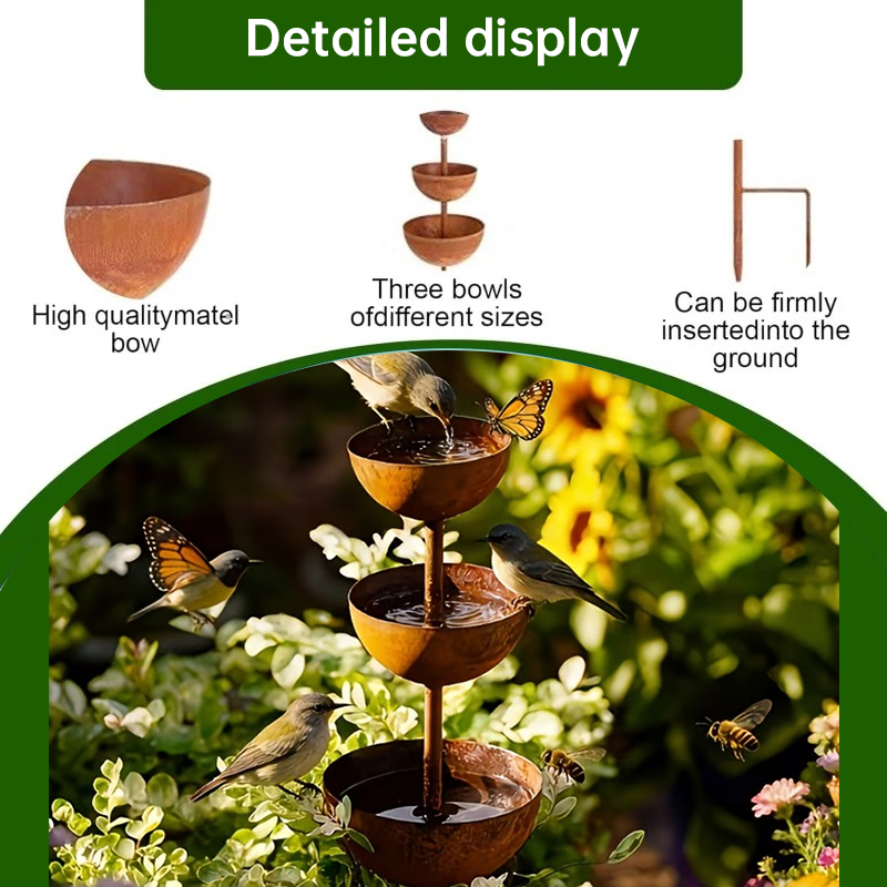 3-Tier Vintage Rustic Metal Bird Watering Station | 3-Tier Rusty Iron Garden Water Collector Feeder, Outdoor Garden Patio Decor — image 6