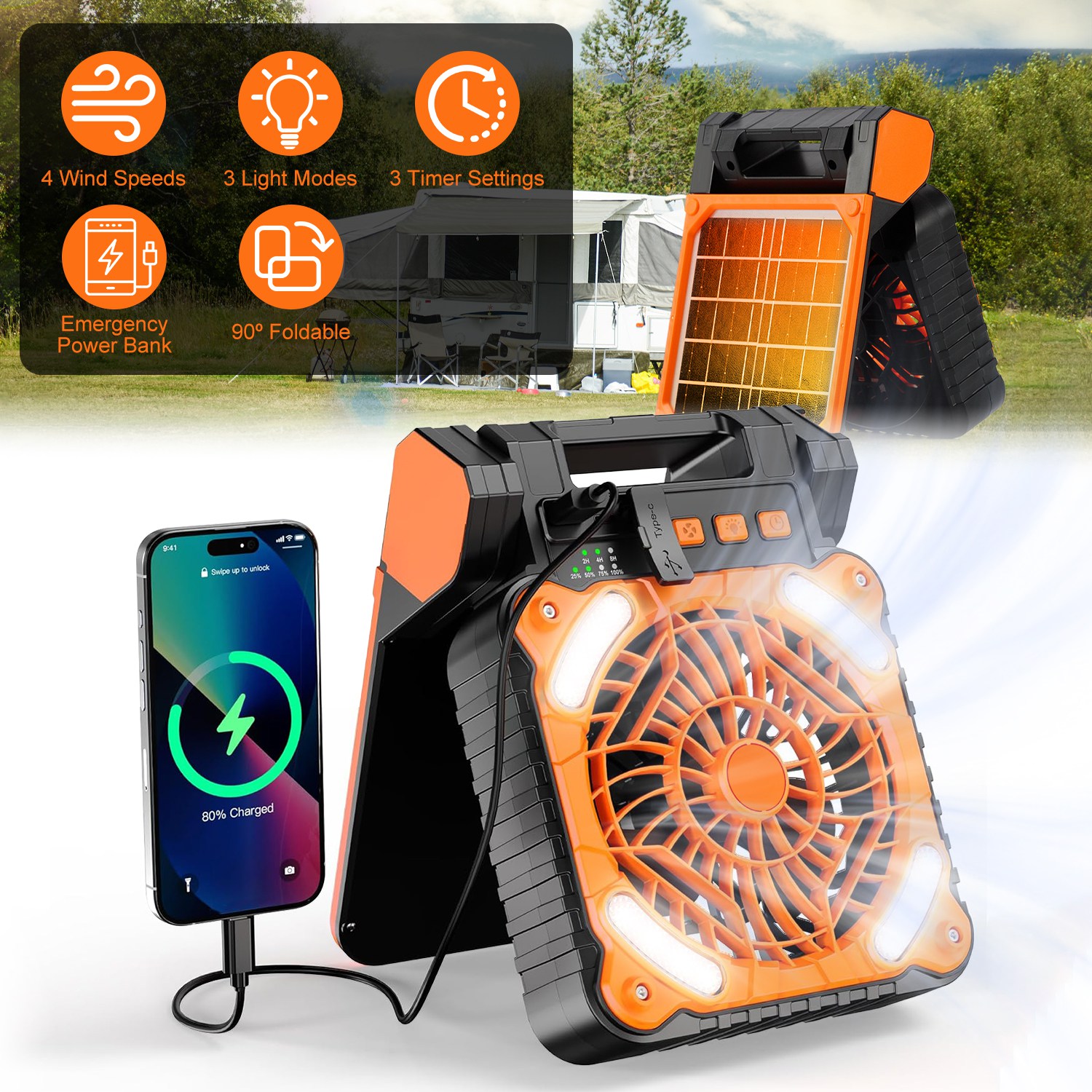 Solar Camping Fan With LED Lantern 5200mAh Rechargeable Battery Operated Portable Fan With Emergency Power Bank 4 Wind Speeds 3 Light Modes 3 Timers For Hiking Fishing Travel — image 1