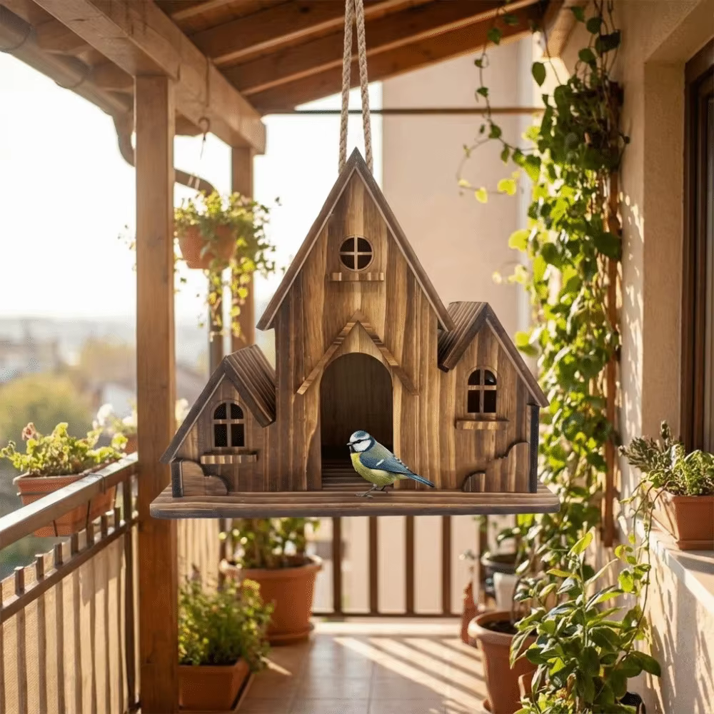 Bird Cages Rainproof Wooden Bird House Ventilation Decorative Hanging Birdhouse Handmade Hatching Nest Tree Balcony — image 2
