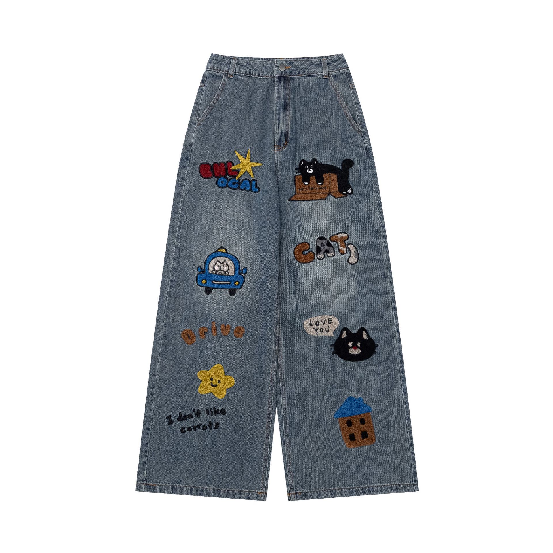 Wide Leg High Waist Denim Jeans with Cartoon Cat Embroidery — image 1