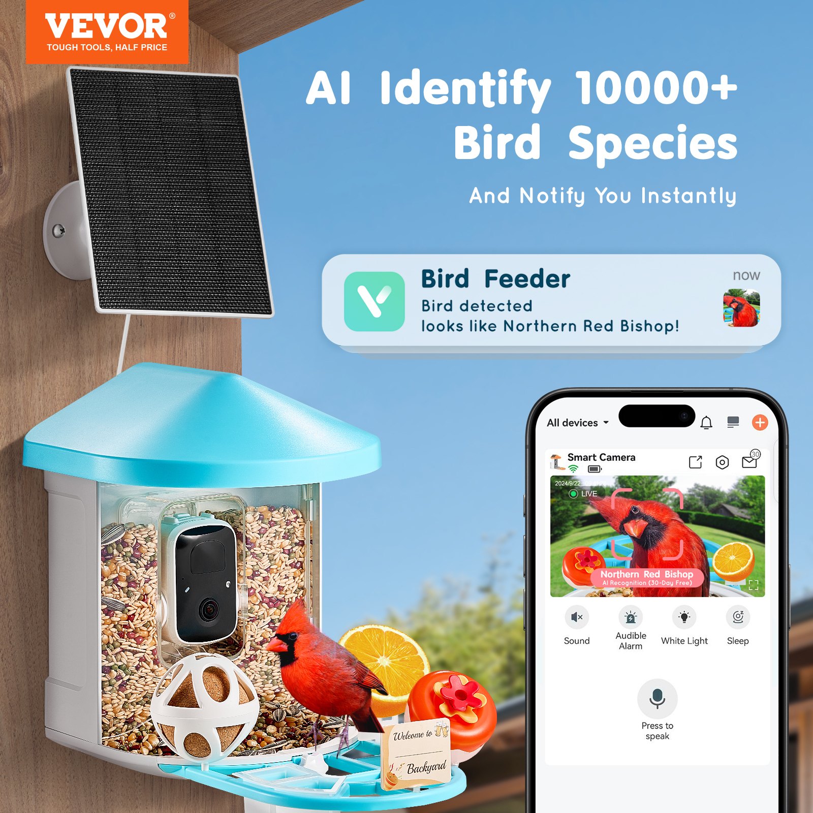 VEVOR Smart Bird Feeder With Camera 2K HD AI Identify Bird Species Auto Capture — imagen 1