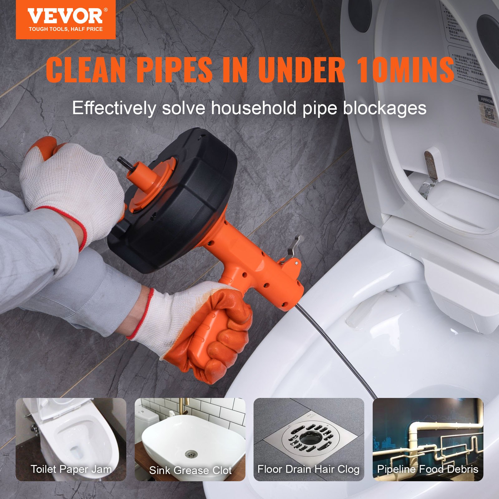 Limpia de Drenaje Automático 25 pies, Serpiente de Plomería con Alimentación Automática, Accesorio para Taladro, Limpia Codos de Drenaje para Cocina, Baño, Ducha y Fregadero con Protección de Manguera y Guantes — imagen 2