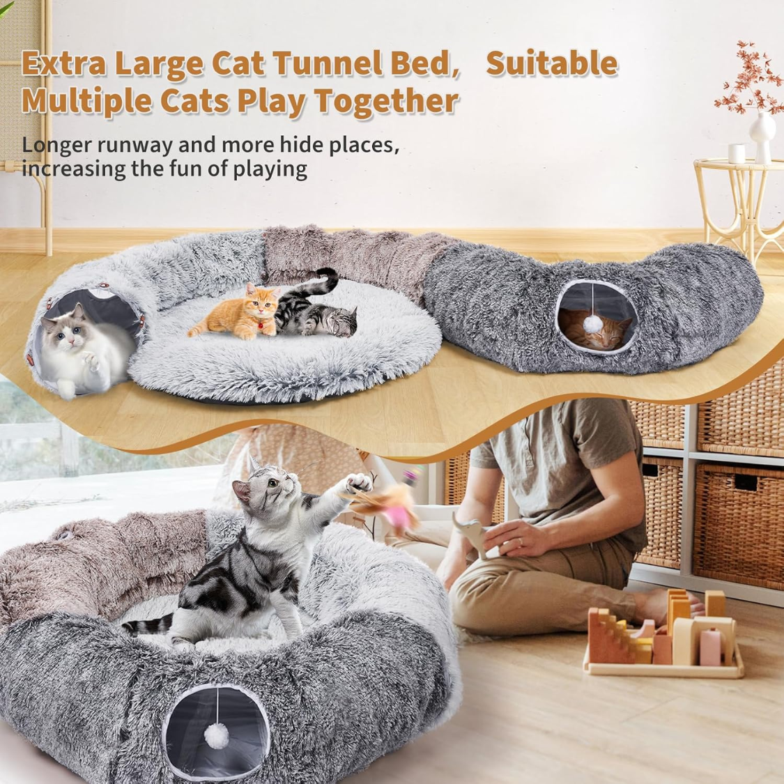 Túneles para Gatos Grandes para Hogares - Colchón Cálido y Túnel de Cueva con 20 Juguetes para Mascotas, Túnel en Dona y Conjunto Variedad de Juguetes para Kitten — imagen 7