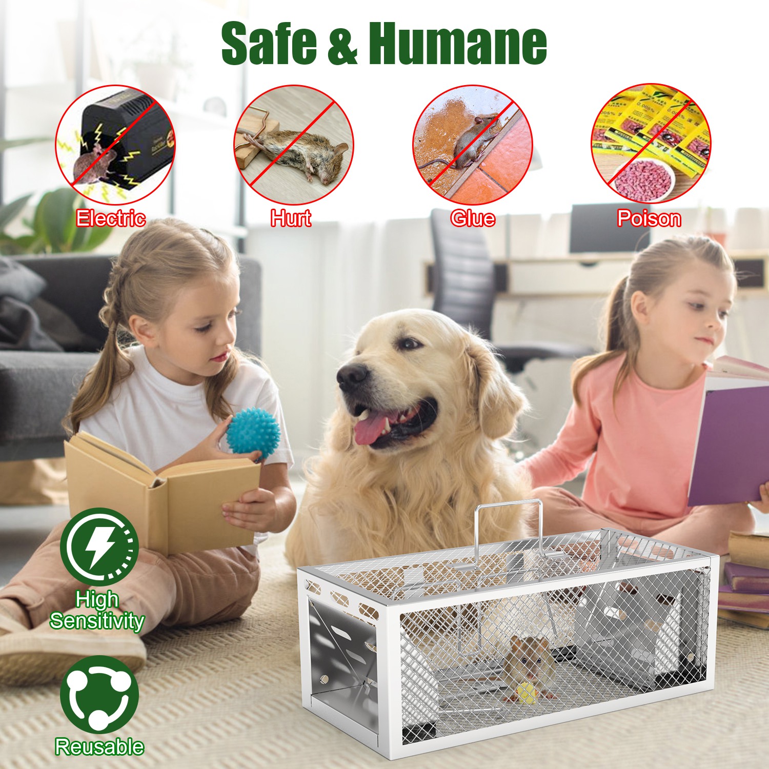 Paquete de 2 Trampas para Ratas Humanitarias de 2 Puertas 11.81x5.63x4.45In, Trampa para Ratones Automática y Continua, Reutilizable, de Hierro Galvanizado, Jaula para Animales Vivos — imagen 5