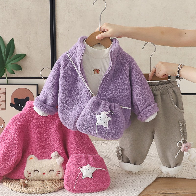 Girls Autumn Winter Fleece Lined Star Cat Print Three-Piece Set Outfits with Bag — image 3