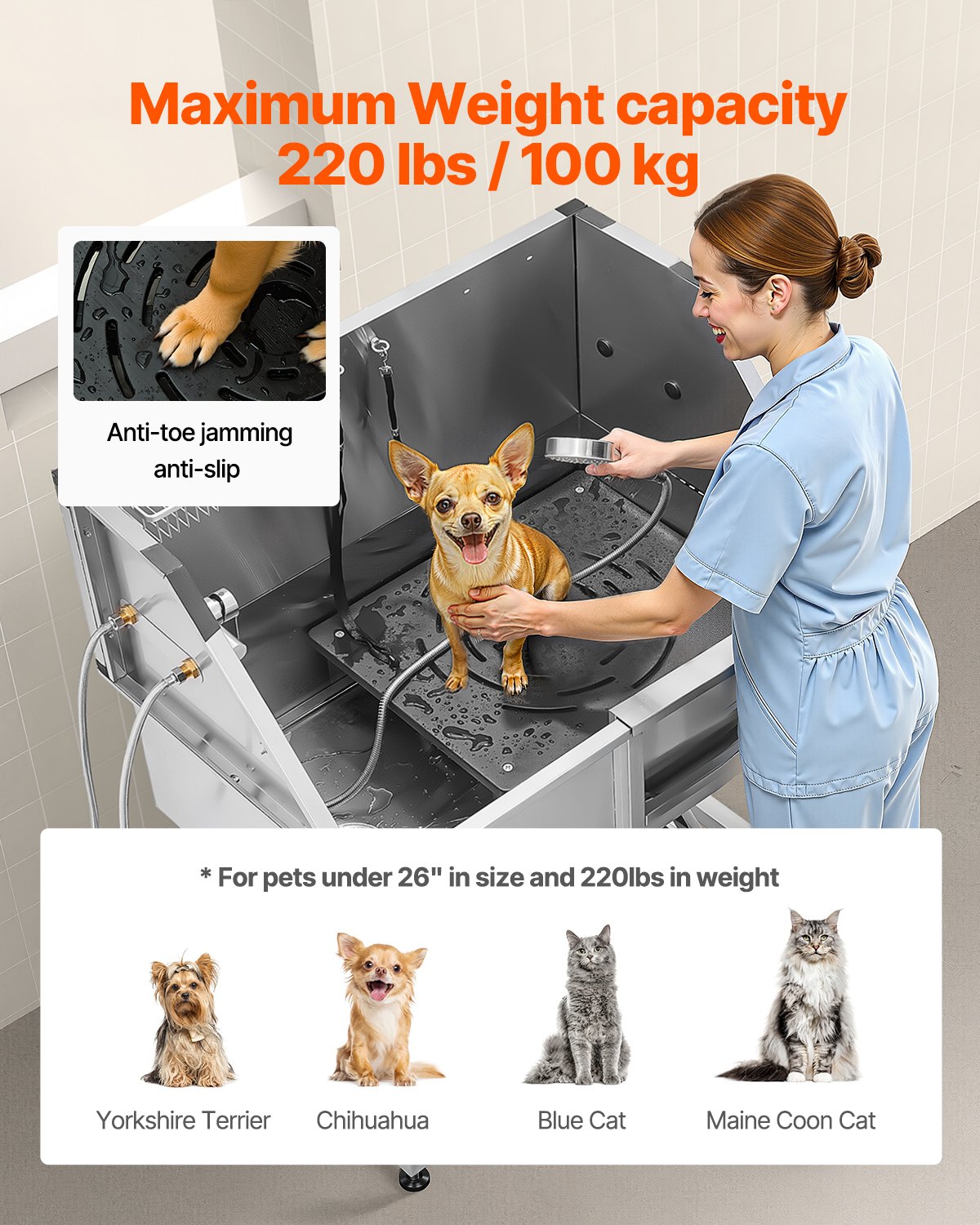 Tina de Baño para Aseo de Perros de 38", Acero Inoxidable con Escalera, Llave de Agua y Regadera — imagen 4