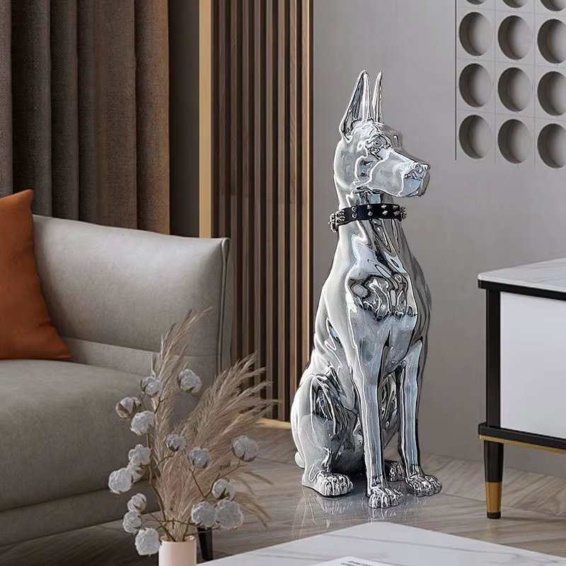 Modern Fashion Interior Resin Animal Sculpture Home Villa Corner Proch Electroplated Silver Doberman Dog Statue — image 3