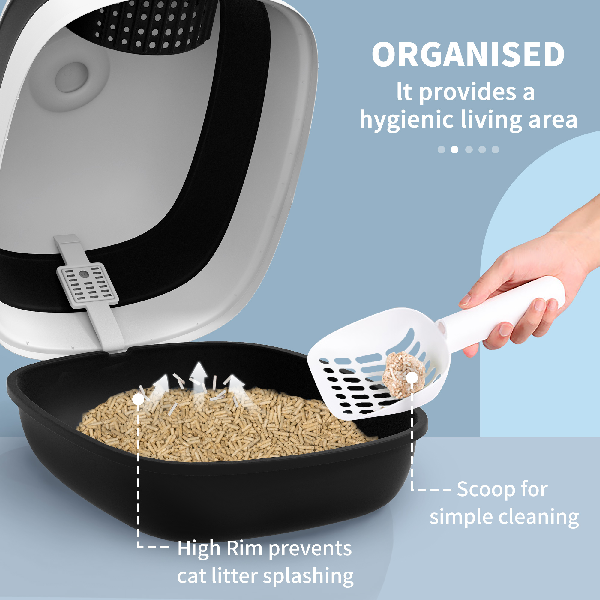 Dome Covered Cat Litter Box With Lid, White And Black — imagen 4