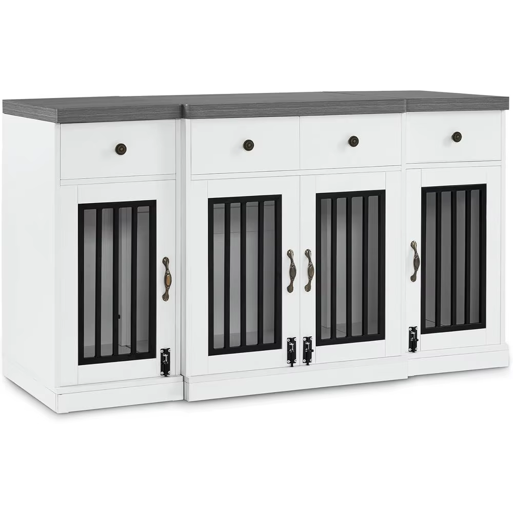 Caja para Perros Grande/Medio de Madera con 4 Cajones y 4 Puertas Con Bloqueo, Sofá para Mascotas con TV, Blanco y Gris — imagen 1