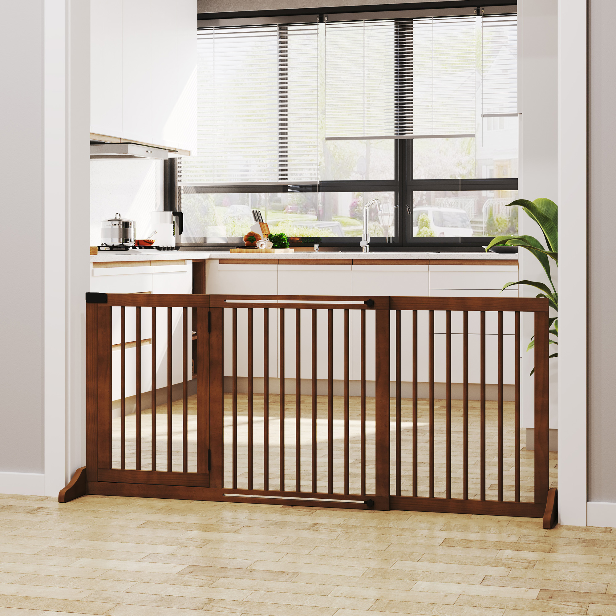 Puerta de Perro Libre de Soporte con Puerta Reversible y Cerradura, 3 Paneles, Madera Natural — imagen 3