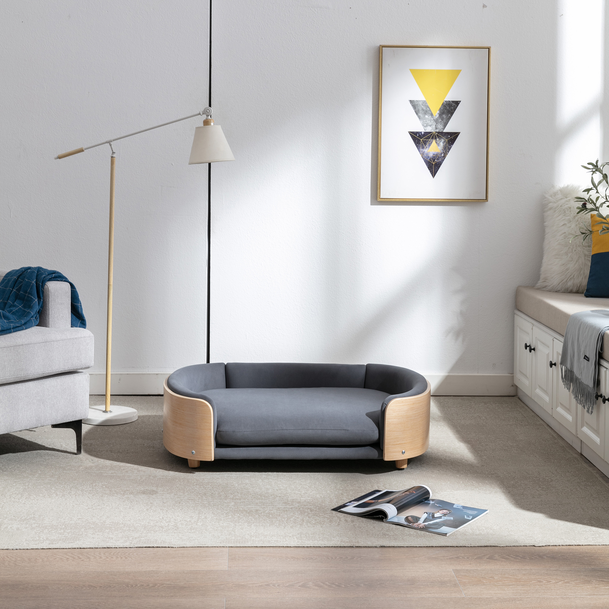 Scandinavian style Elevated Dog Bed Pet Sofa With Solid Wood legs and Bent Wood Back, Velvet Cushion, Large Size — image 2