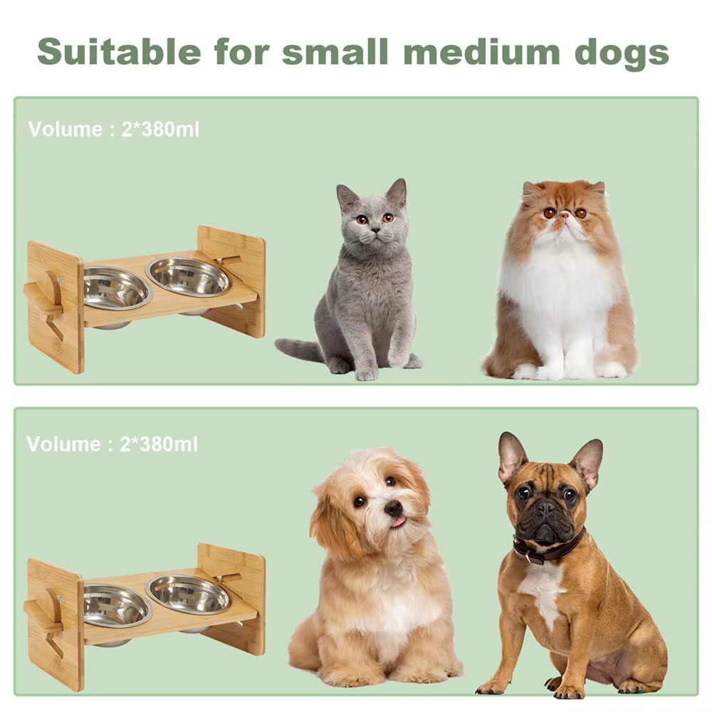 Elevated Dog Bowls with Stand Raised Dog Bowls 4 Heights Adjustable Dog Bowls Bamboo Dog Feeding Station 2 Stainless Steel Bowls — image 6