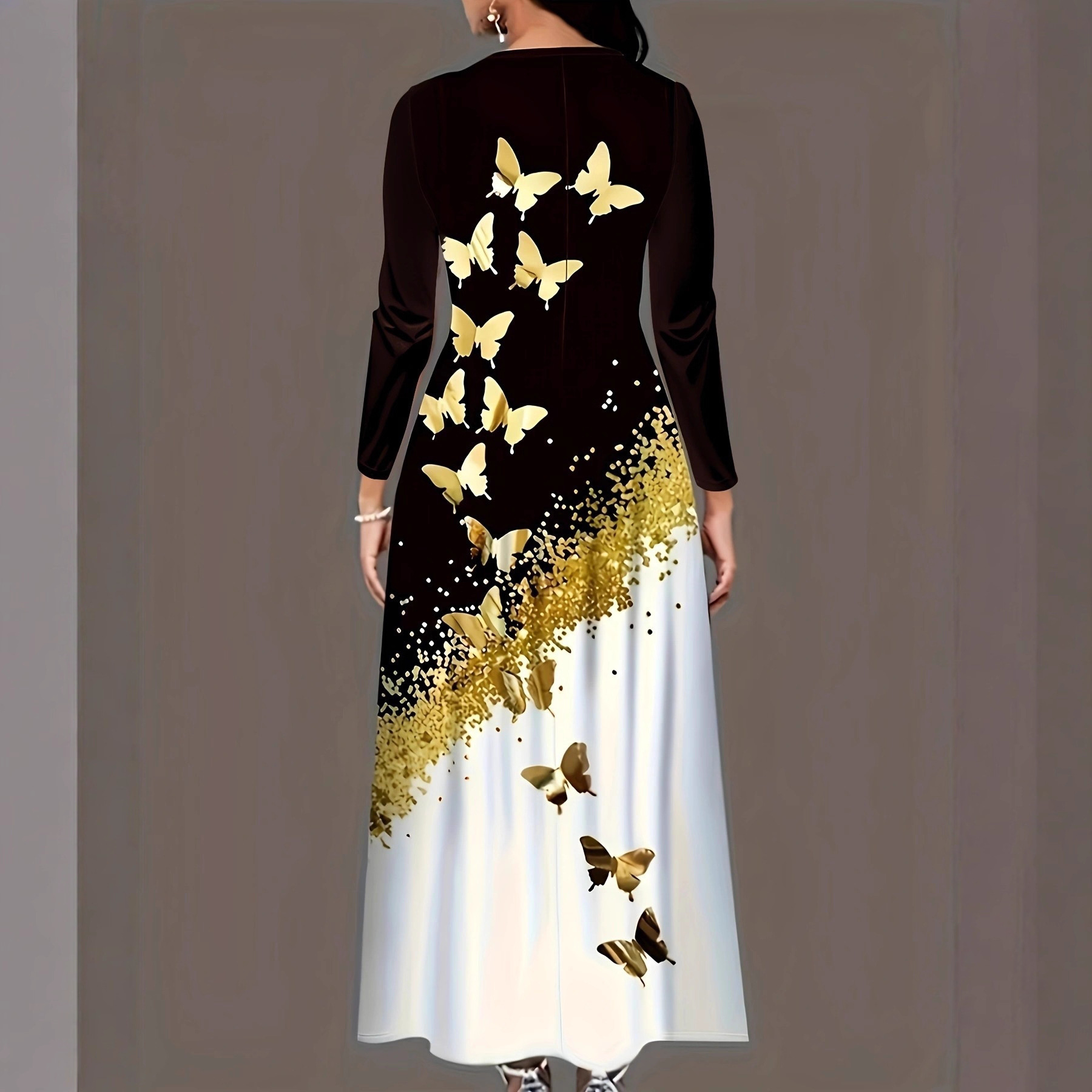 Vestido de Manga Larga con Estampado de Mariposa en Estilo Botón Redondo y Faldones Alineados con Cajas — imagen 3