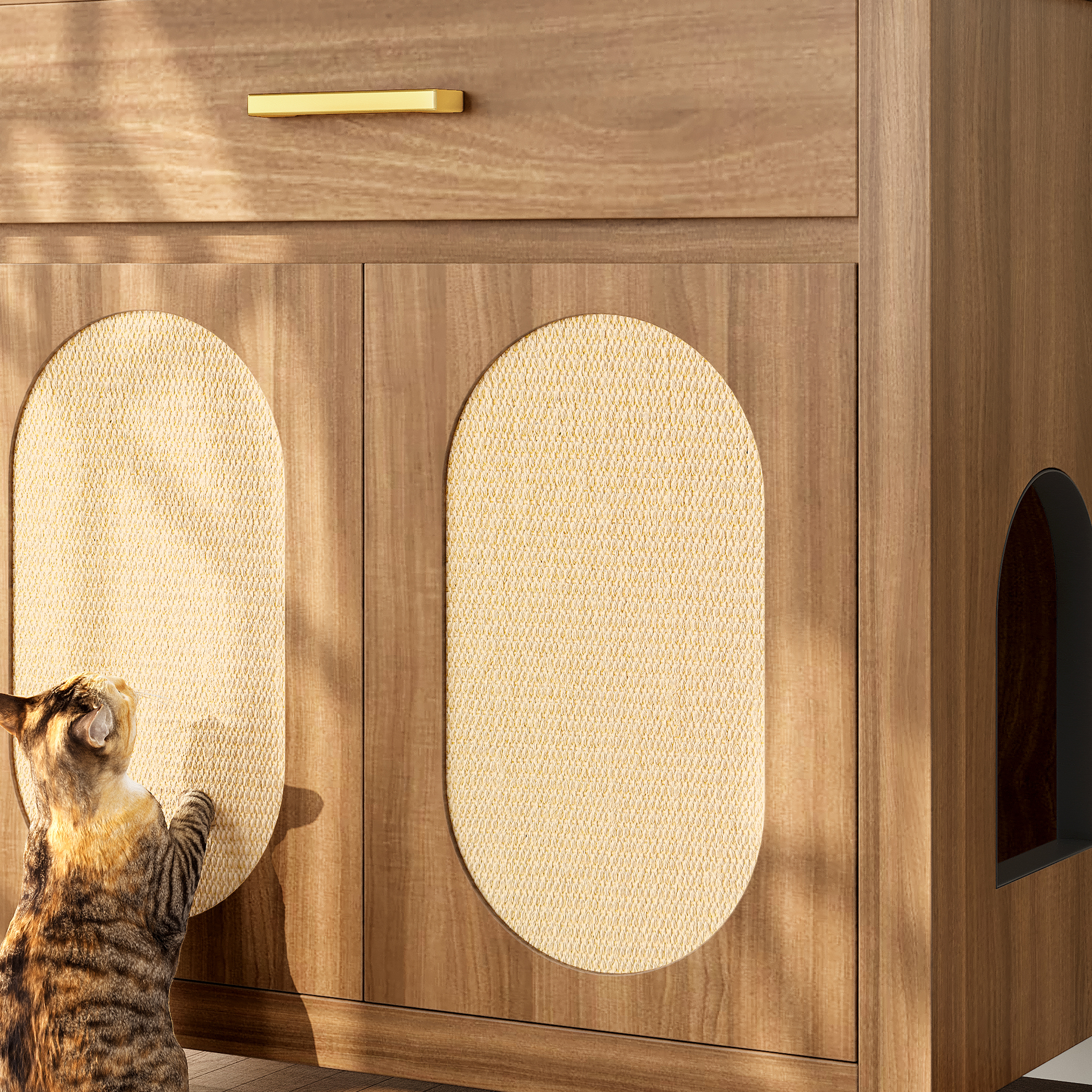 Cat Litter Box Enclosure, Hidden Cat Litter Box Furniture With Scratching Board Doors And Storage Drawer, Wooden Washroom Cat House Table Nightstand Box Cabinet, Espresso — image 4