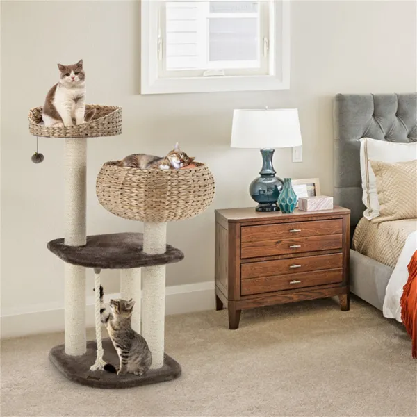 Árbol de Gato tejido a mano con juncos de Hyacinth acuático, 3 postes de sisal para rascar centros de actividad multi-nivel para gatos-Marrón — imagen 3