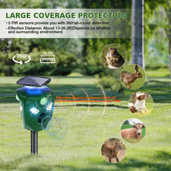 Electric Solar Powered Ultrasonic Animal Repeller 360° Ultrasonic Animal Driver With Motion Sensor LED Flashing Lights Waterproof Outdoor Animal Repellent For Farm Garden Yard — image 5