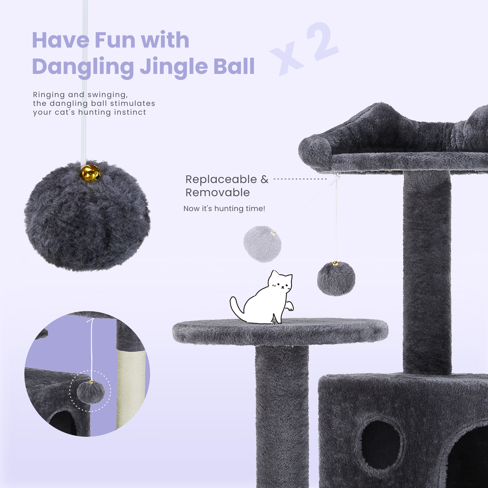 Large Cat Tree Tower, 62-70-80 Cat Tree Large Cats, Multi Level With Scratching Post, Cozy Cat Jumping Platform Space, Grey — image 4