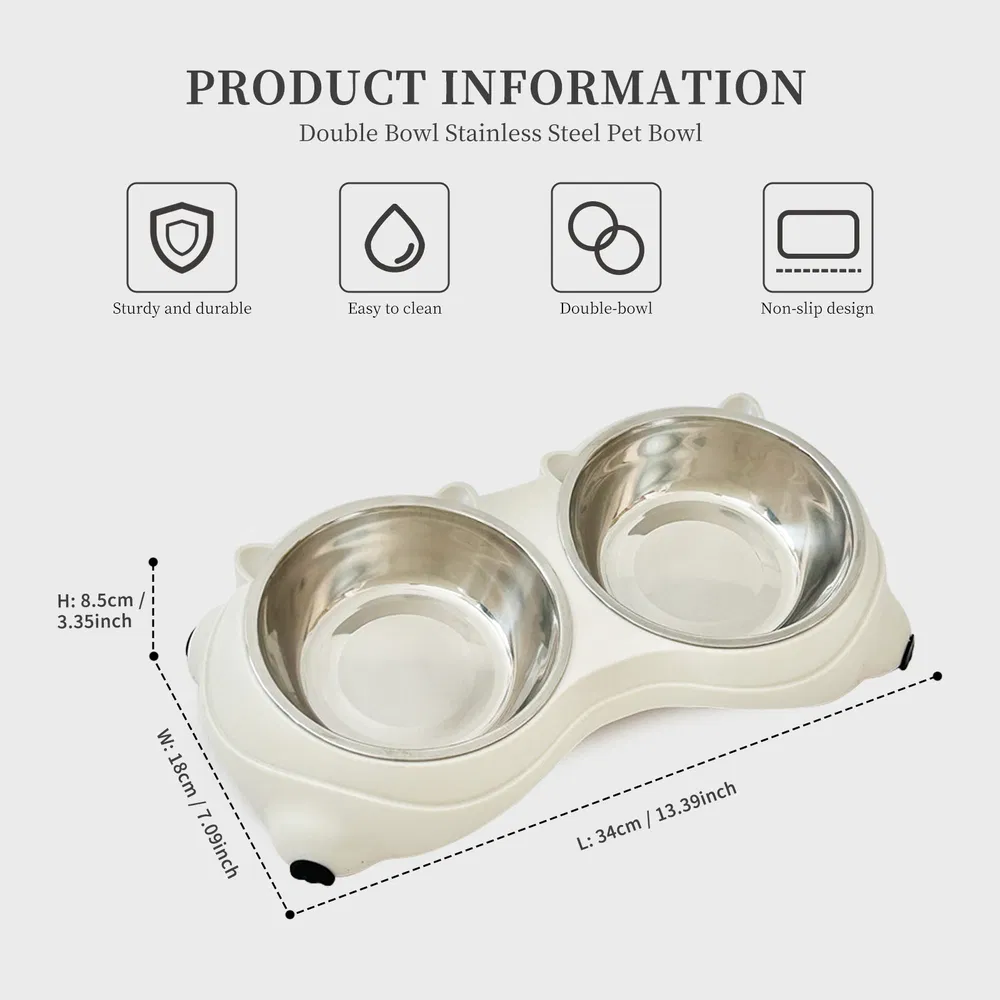 Comedero doble para gatos con base antideslizante, blanco, tazones de acero inoxidable para comida y agua, fácil de limpiar y desmontable — imagen 5