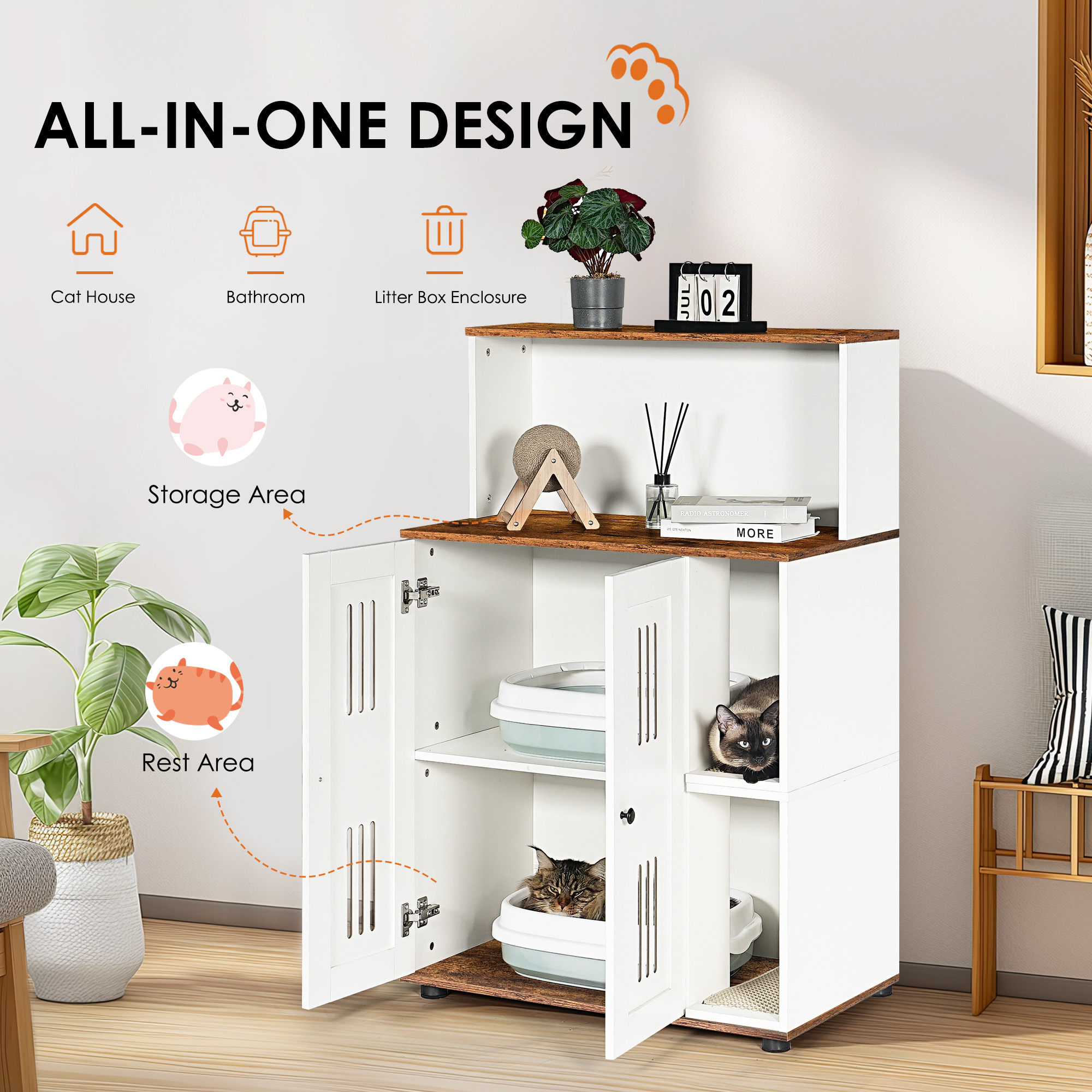 Caja de Arena Oculta para 2 Gatos, Mueble Escondido para Felinos, Cabaña de Arena Doble, Usable como Mueble Lateral y Baño — imagen 3
