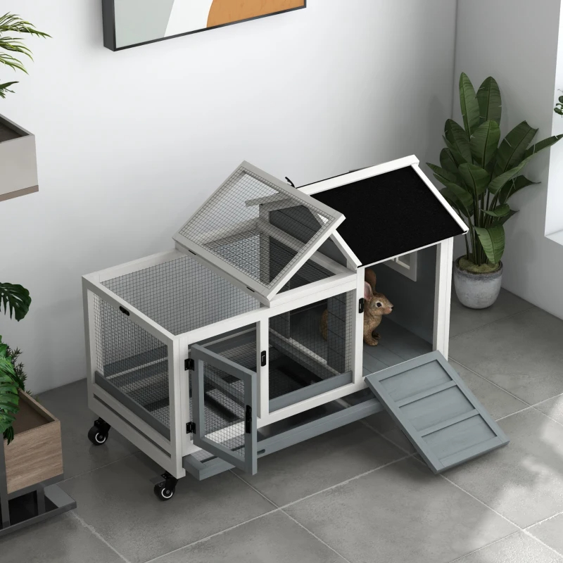 Wooden Rabbit Hutch With Wheels, Run, Slide-out Tray For Small Animals, Guinea Pig, Blue — imagen 10