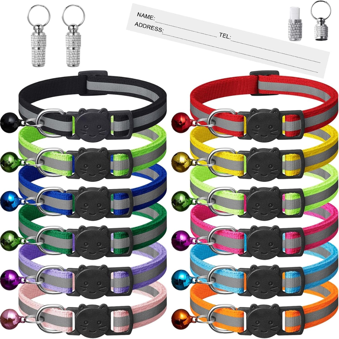 12 Pack Reflective Breakaway Cat Collars With Bells, Safety Buckle Kitten Collar, With Name Tag, Adjustable, Ideal For Girl Cats Male Cats — image 1