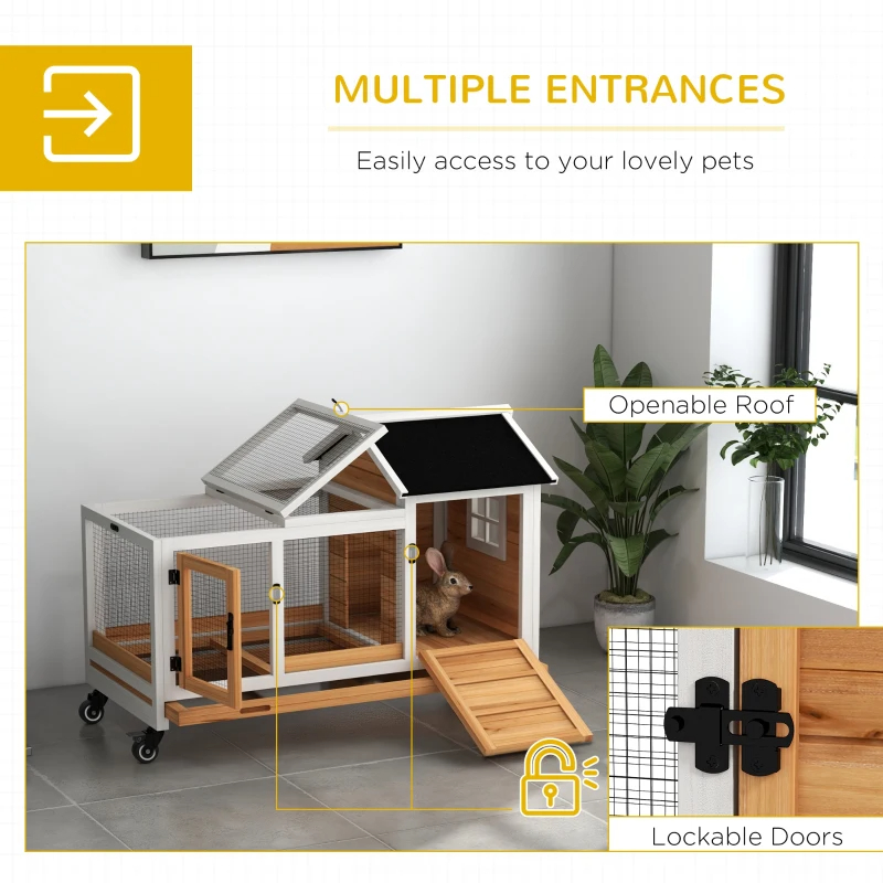 Wooden Rabbit Hutch With Wheels, Run, Slide-out Tray For Small Animals, Guinea Pig, Yellow — imagen 7