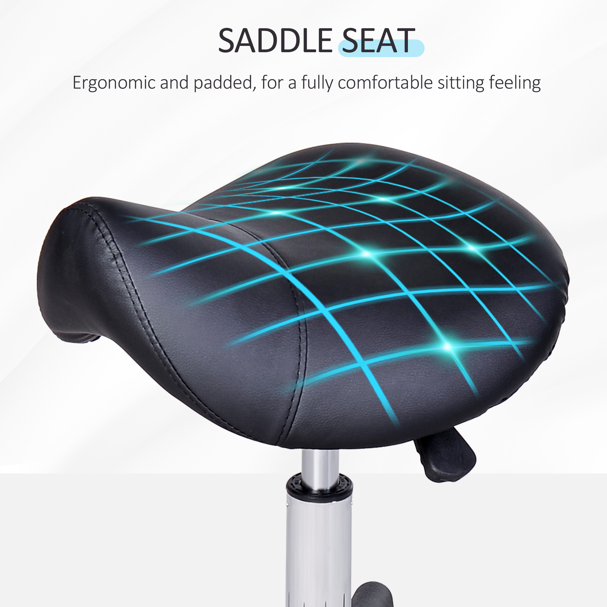 Rolling Saddle Stool, Swivel Salon Chair, Ergonomic Faux Leather Stool, Adjustable Height with Wheels for Spa, Salon, Massage, Office, Black — image 6
