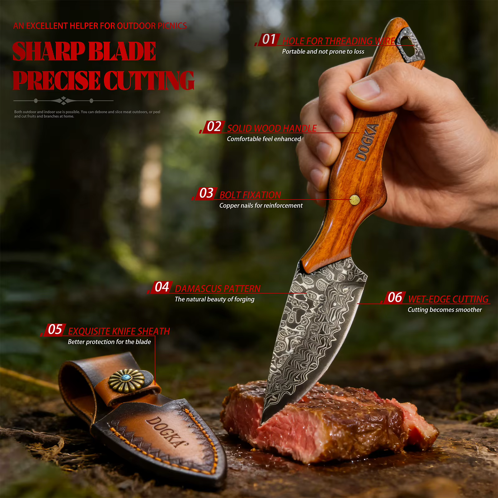 Handmade Damascus Hunting Knife, Full Tang Fixed Blade Camping Knife with Leather Sheath — image 5