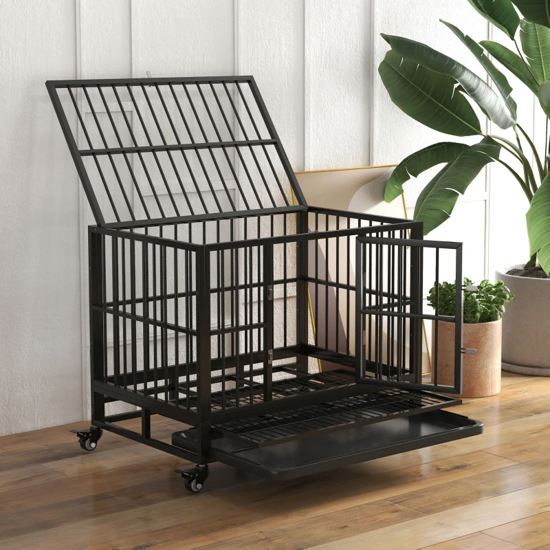 Heavy Duty Dog Crate Metal Cage Kennel With Lockable Wheels, Double Door And Removable Tray, Gray — imagen 4