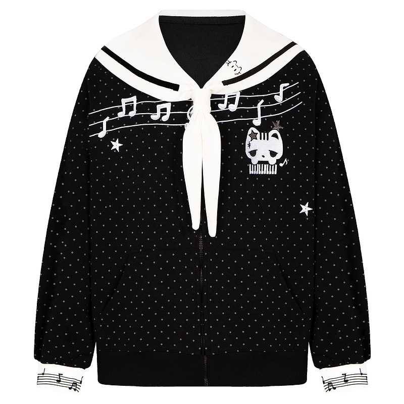 Black and white polka dot hoodie with cat embroidery jacket for women — image 6
