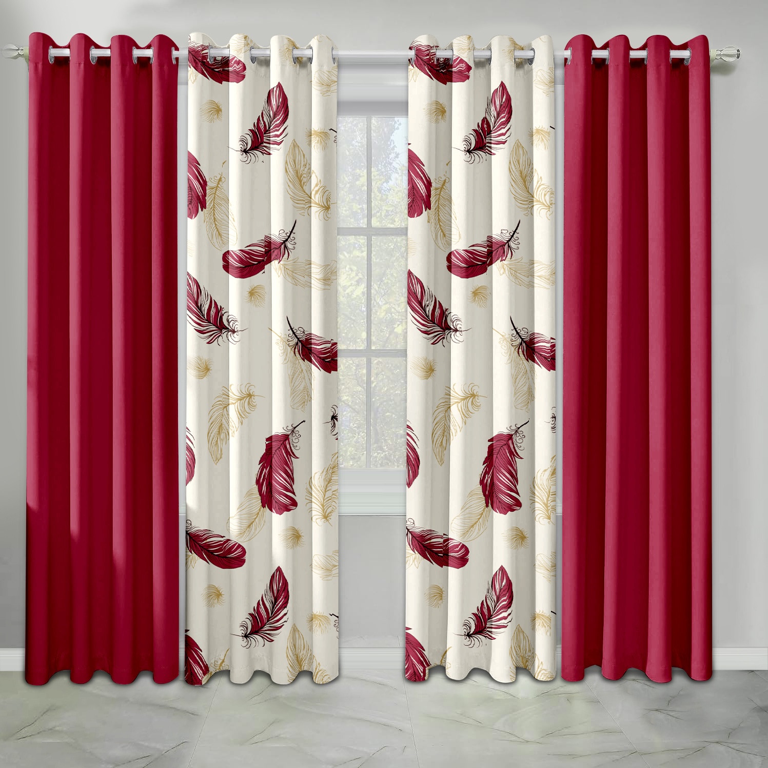 9 Piece Room In A Bag Quilt And Curtain Set, US Designer Burgundy Gold Boho Feather Print Heavyweight Bedspread With 6 Customizable Window Panels, Pet-Friendly High GSM Coverlet — image 3