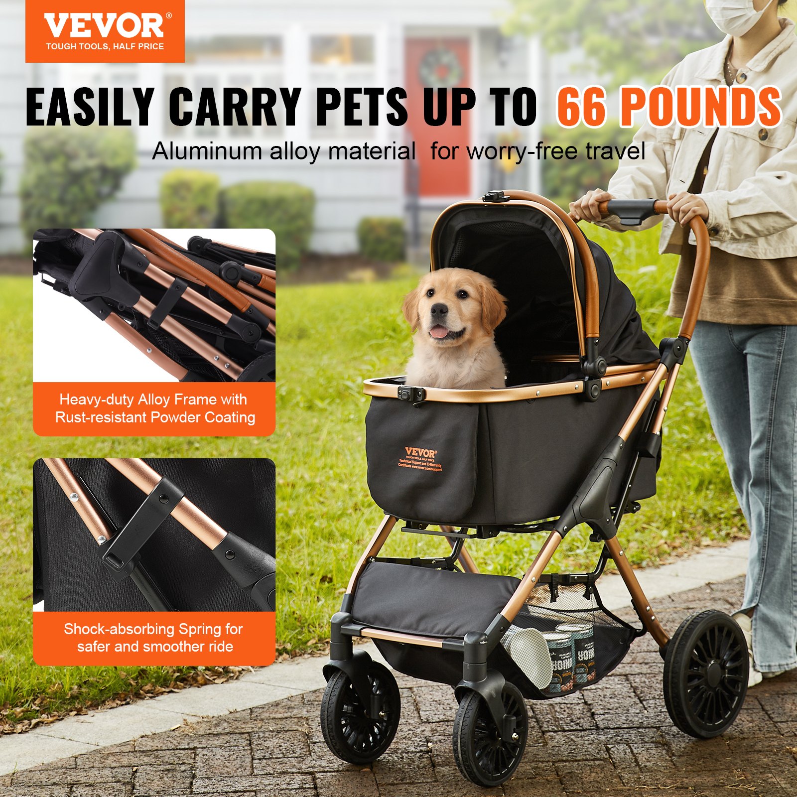 Pet Stroller, 4 Wheels Dog Stroller Rotate With Brakes, 66 Lbs Weight Capacity, Puppy Stroller With Detachable Carrier, Storage Basket And Pet Pad, For Small To Medium Sized Dogs, Black — image 4