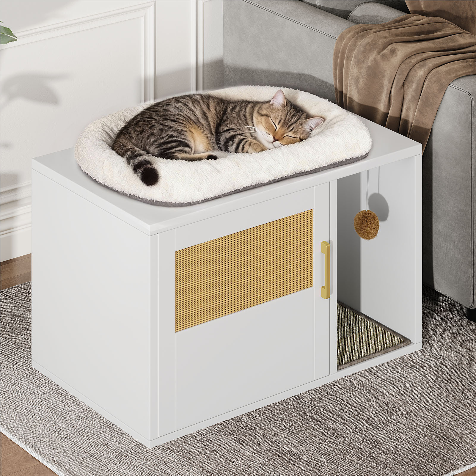 Caja de Limpieza para Gatos Multifuncional de Diseño Blanco Moderno Casa para Gatos con Lavabo y Mesa de Sílabo para Dormitorio y Salón — imagen 38