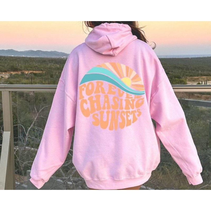 Sunset Print Kangaroo Pocket Drawstring Hooded Women's Fleece Sweatshirt — image 9