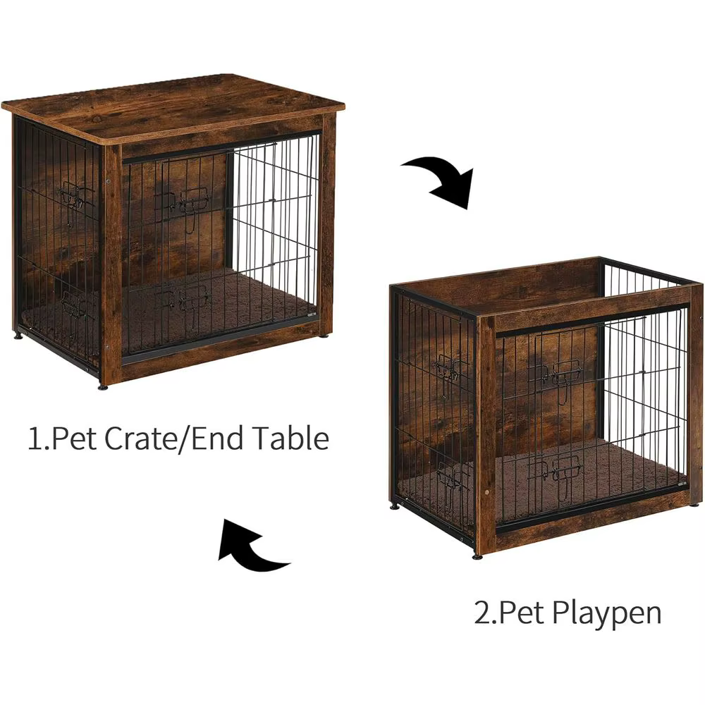 Medium Rustic Brown Wooden Dog Crate with Cushion and Double Doors — image 6