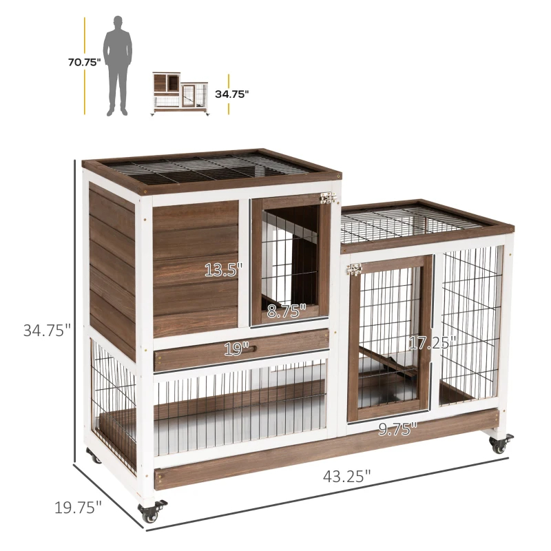 PawHut Wooden Rabbit Hutch Elevated Bunny Cage Indoor Small Animal Habitat With Enclosed Run With Wheels, Ramp, Removable Tray For Rabbits, Chickens, Ducks, Guinea Pigs, Brown — imagen 1