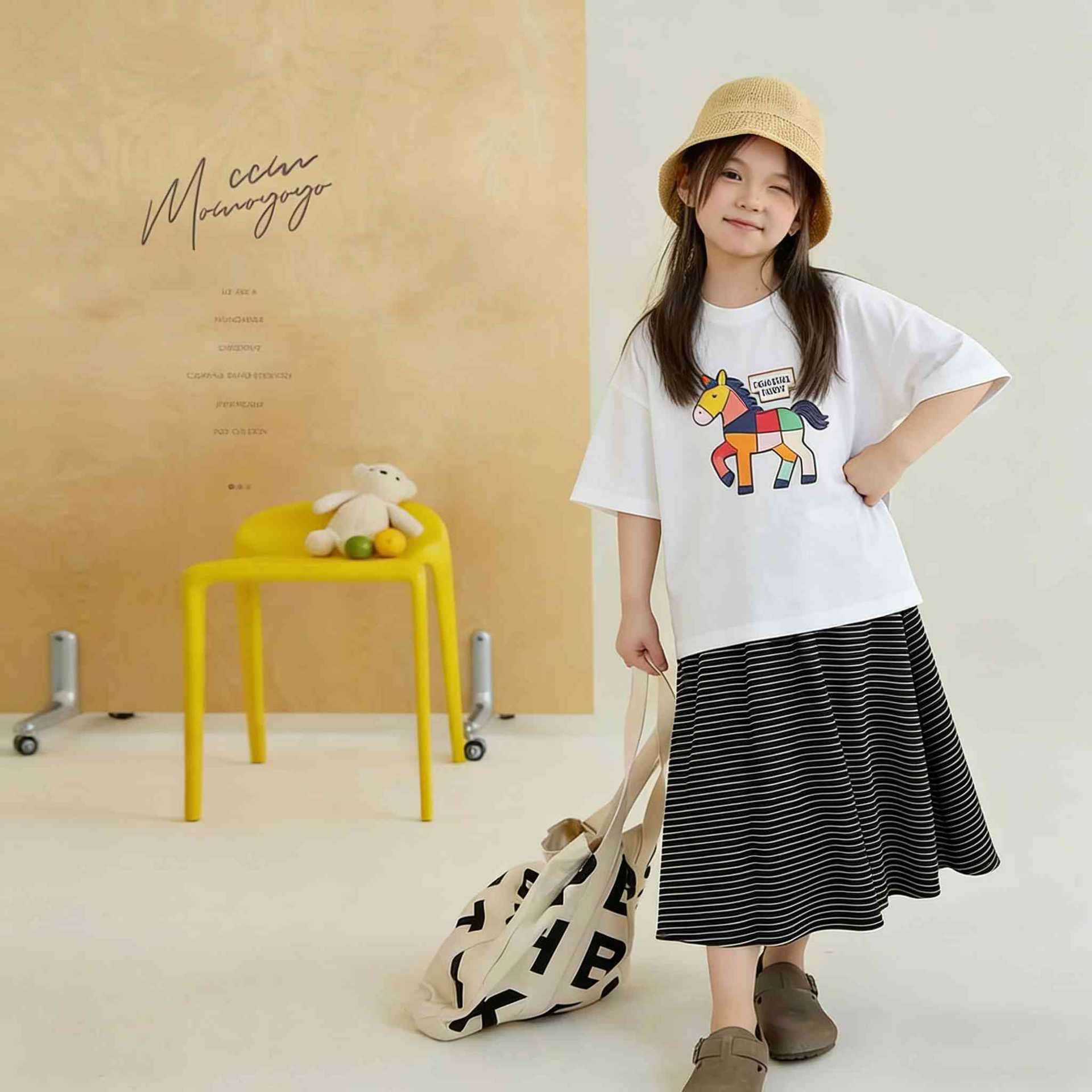 Children's Short Sleeve T-Shirt, Kids' Middle to Large Girls' T-Shirt, Cute Little Horse Print — image 4