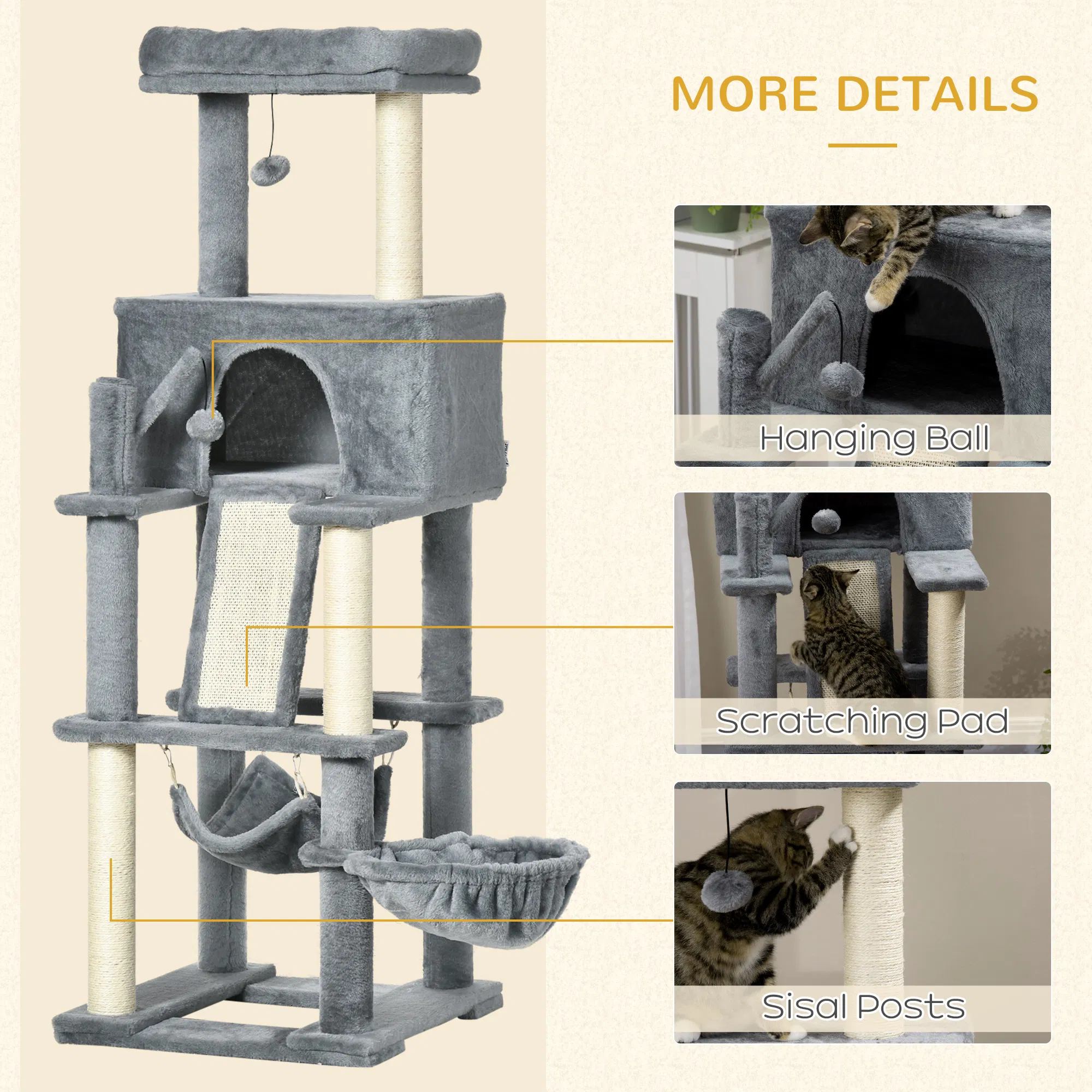 55" Cat Tree for Indoor Cats, Cat Tower, Kitty Activity Center with Cat Bed Ramp Condo Hammocks Hanging Ball Toys Sisal Rope Scratching Post, Grey — image 2