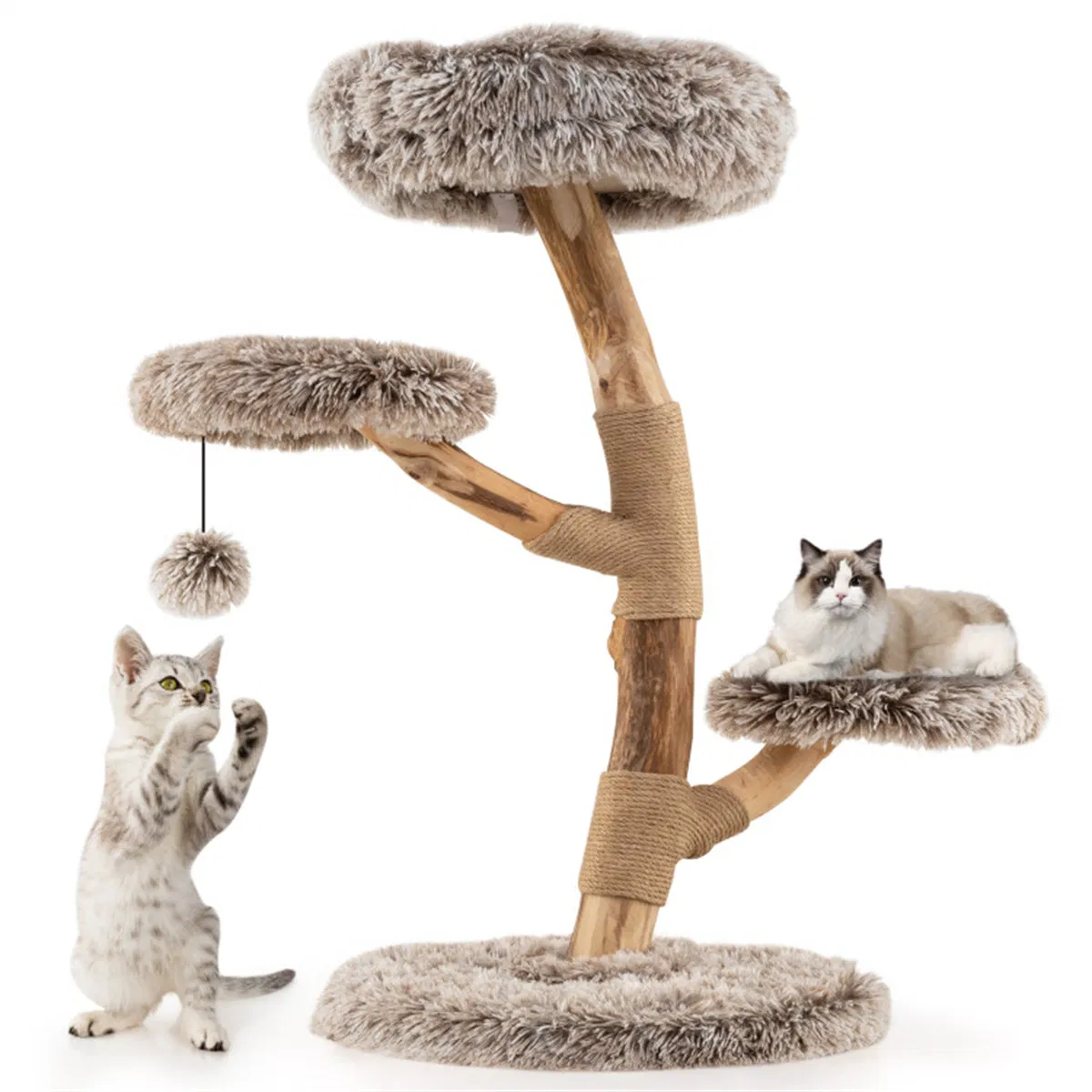 4-Level Natural Pear Wood Cat Tree - 19.5"x35.5", Jute Scratch Posts + Plush Ball, Long Plush — image 1